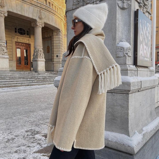 Women's Loose Woolen Coat with Thickened Material, Scarf Tassel, Suitable for Autumn and Winter. Perfect for Casual and Office Streetwear.