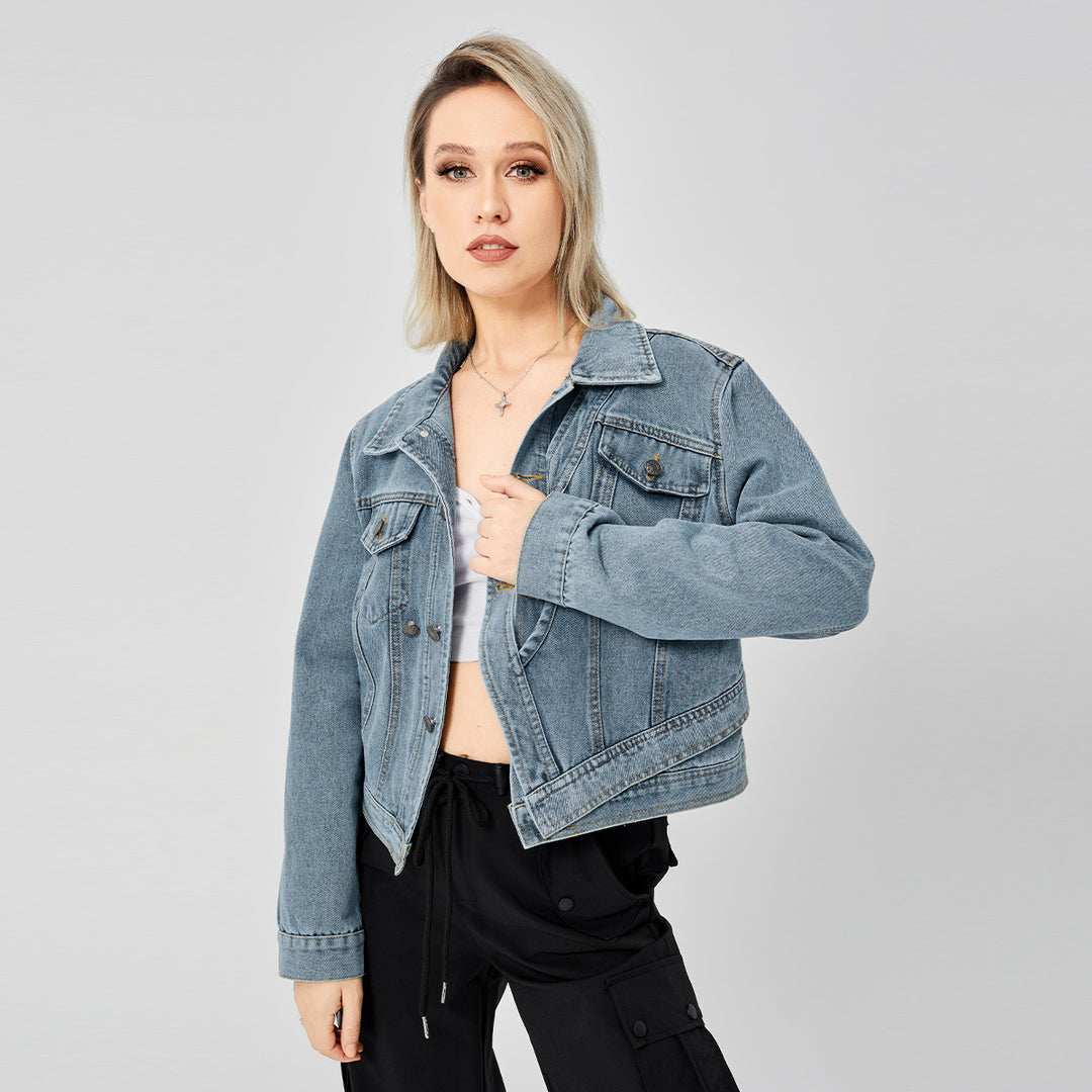 Fashionable women's long sleeve denim jacket with a stylish design.